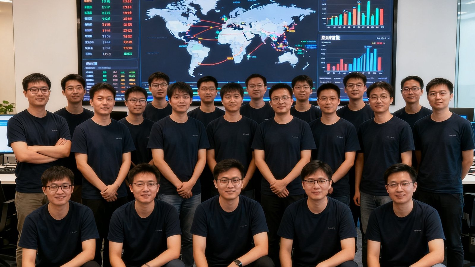 2026世界杯直播平台北京技术研发团队在办公室的合影，背景是高清直播监控大屏，展示全球CDN节点运行状态和实时流量数据，团队成员约30人穿着统一深色T恤。